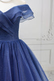Off Shoulder Navy Blue Sparkly Tulle Prom Gown Princess Ball Gown HZ0429