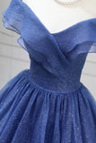 Off Shoulder Navy Blue Sparkly Tulle Prom Gown Princess Ball Gown HZ0429
