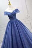 Off Shoulder Navy Blue Sparkly Tulle Prom Gown Princess Ball Gown HZ0429