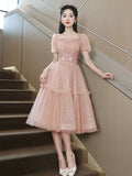 Pink Tulle Sequins Sweetheart Short Prom Dress, Pink Short Sleeve Party Dress HZ0429