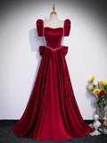 Beautiful Satin Floor Length Prom Dress with Bowknot, Burgundy Short Sleeve Evening Dress HZ0429