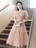 Pink Tulle Sequins Sweetheart Short Prom Dress, Pink Short Sleeve Party Dress HZ0429