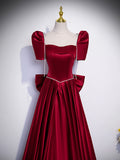 Beautiful Satin Floor Length Prom Dress with Bowknot, Burgundy Short Sleeve Evening Dress HZ0429