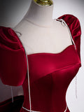 Beautiful Satin Floor Length Prom Dress with Bowknot, Burgundy Short Sleeve Evening Dress HZ0429