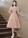 Pink Tulle Sequins Sweetheart Short Prom Dress, Pink Short Sleeve Party Dress HZ0429