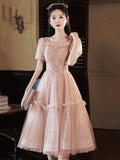Pink Tulle Sequins Sweetheart Short Prom Dress, Pink Short Sleeve Party Dress HZ0429