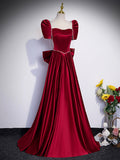 Beautiful Satin Floor Length Prom Dress with Bowknot, Burgundy Short Sleeve Evening Dress HZ0429