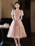 Pink Tulle Sequins Sweetheart Short Prom Dress, Pink Short Sleeve Party Dress HZ0429