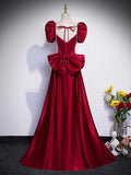 Beautiful Satin Floor Length Prom Dress with Bowknot, Burgundy Short Sleeve Evening Dress HZ0429