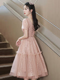 Pink Tulle Sequins Sweetheart Short Prom Dress, Pink Short Sleeve Party Dress HZ0429