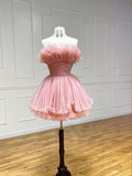 Pink Strapless Tulle Short Prom Dress, Cute A-Line Homecoming Dress HZ0429