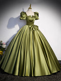 Green Satin Short Sleeve Floor Length Formal Dress, Green A-Line Prom Dress HZ0429