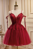 Burgundy Lace Short A-line Prom Dress, Cute Spaghetti Strap Party Dress HZ0429