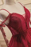Burgundy Lace Short A-line Prom Dress, Cute Spaghetti Strap Party Dress HZ0429