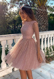 Pink Tulle Long Sleeve Short Prom Dresses, A-Line Party Dresses HZ0429