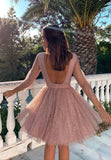 Pink Tulle Long Sleeve Short Prom Dresses, A-Line Party Dresses HZ0429