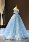 Blue Tulle Long A-Line Prom Dress, Off the Shoulder Evening Dress HZ0429