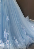 Blue Tulle Long A-Line Prom Dress, Off the Shoulder Evening Dress HZ0429