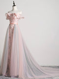 Lovely Tulle Applique Long Prom Dress, A-Line Evening Dress with Detachable Skirt HZ0429
