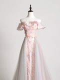 Lovely Tulle Applique Long Prom Dress, A-Line Evening Dress with Detachable Skirt HZ0429