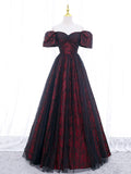 Black Tulle A-Line Prom Dress with Rose Print, Black Off Shoulder Evening Party Dress HZ0429