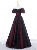 Black Tulle A-Line Prom Dress with Rose Print, Black Off Shoulder Evening Party Dress HZ0429