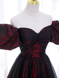 Black Tulle A-Line Prom Dress with Rose Print, Black Off Shoulder Evening Party Dress HZ0429