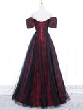 Black Tulle A-Line Prom Dress with Rose Print, Black Off Shoulder Evening Party Dress HZ0429