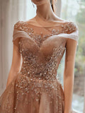 Cute Tulle Sequins Long Prom Dresses, Beautiful A-Line Evening Dresses HZ0429