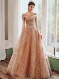 Cute Tulle Sequins Long Prom Dresses, Beautiful A-Line Evening Dresses HZ0429