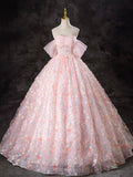 A-Line Pink Tulle Flowers Long Prom Dress, Beautiful Off the Shoulder Evening Party Dress HZ0429