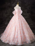 A-Line Pink Tulle Flowers Long Prom Dress, Beautiful Off the Shoulder Evening Party Dress HZ0429