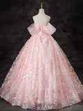 A-Line Pink Tulle Flowers Long Prom Dress, Beautiful Off the Shoulder Evening Party Dress HZ0429