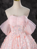A-Line Pink Tulle Flowers Long Prom Dress, Beautiful Off the Shoulder Evening Party Dress HZ0429