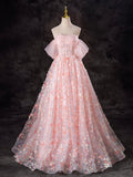 A-Line Pink Tulle Flowers Long Prom Dress, Beautiful Off the Shoulder Evening Party Dress HZ0429