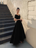 Black V-Neck Velvet Floor Length Prom Dress, Black Evening Party Dress HZ0429