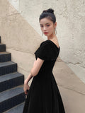 Black V-Neck Velvet Floor Length Prom Dress, Black Evening Party Dress HZ0429