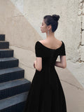Black V-Neck Velvet Floor Length Prom Dress, Black Evening Party Dress HZ0429