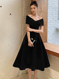 Black V-Neck Velvet Knee Length Prom Dress, Black Evening Party Dress HZ0429