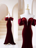 Burgundy Velvet Long Prom Dress, Mermaid Off Shoulder Evening Party Dress HZ0429