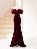 Burgundy Velvet Long Prom Dress, Mermaid Off Shoulder Evening Party Dress HZ0429
