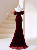 Burgundy Velvet Long Prom Dress, Mermaid Off Shoulder Evening Party Dress HZ0429