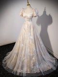 Champagne Tulle Long Formal Dresses, Champagne Short Sleeve Evening Dresses HZ0429