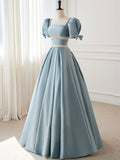 Blue Satin Beaded Long Prom Dress, Blue Short Sleeve Evening Dress HZ0429