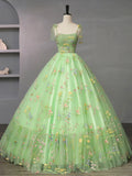 Green Floral Tulle Long Prom Dress, Beautiful Spaghetti Strap Formal Evening Dress HZ0429