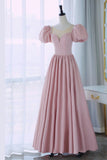 Pink Satin Long A-Line Prom Dress, Cute Short Sleeve Evening Dress HZ0429