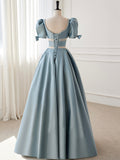 Blue Satin Beaded Long Prom Dress, Blue Short Sleeve Evening Dress HZ0429