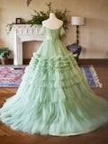 A-Line Green Tulle Long Party Dress, Off the Shoulder Formal Evening Dress HZ0429