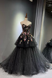 Black Tiered Tulle Ball Gown, A-Line Floral Embellished Evening Dress HZ0429