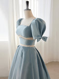 Blue Satin Beaded Long Prom Dress, Blue Short Sleeve Evening Dress HZ0429